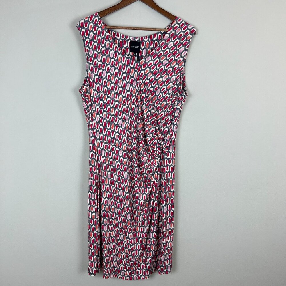 Nic+Zoe Dress XL Pink Geometric Gathered Waist Twist Stretch Knit Sleeveless